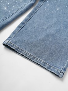 Teen Girl Y2K Style Urban Street Vibe, Sequin And Rhinestone Decor Details, Comfortable Asymmetric Elastic Waist Wide Leg Jeans, Back To School, Daily Essential - Medium Wash - View 8