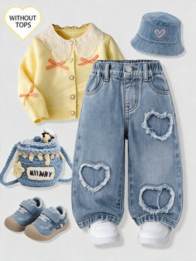 Baby Girl Heart Patch Embroidery Decorated Loose Casual Denim Jeans, Tapered Leg, Blue Washed Denim, Cute Daily Comfortable Autumn Winter - Medium Wash - View 10