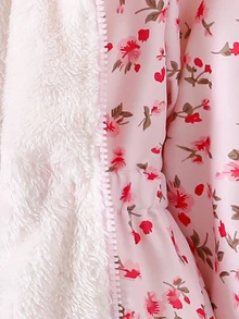 SHEIN Elladie kids 女童保暖內裡加厚連帽夾克 1件 粉色袖子配編織帶與蝴蝶結裝飾 粉色花卉數位印花圖案 梭織布料 拉鍊式 - 粉色 - 查看 7