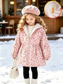 SHEIN Elladie kids 女童保暖內裡加厚連帽夾克 1件 粉色袖子配編織帶與蝴蝶結裝飾 粉色花卉數位印花圖案 梭織布料 拉鍊式 - 粉色 - 查看 4