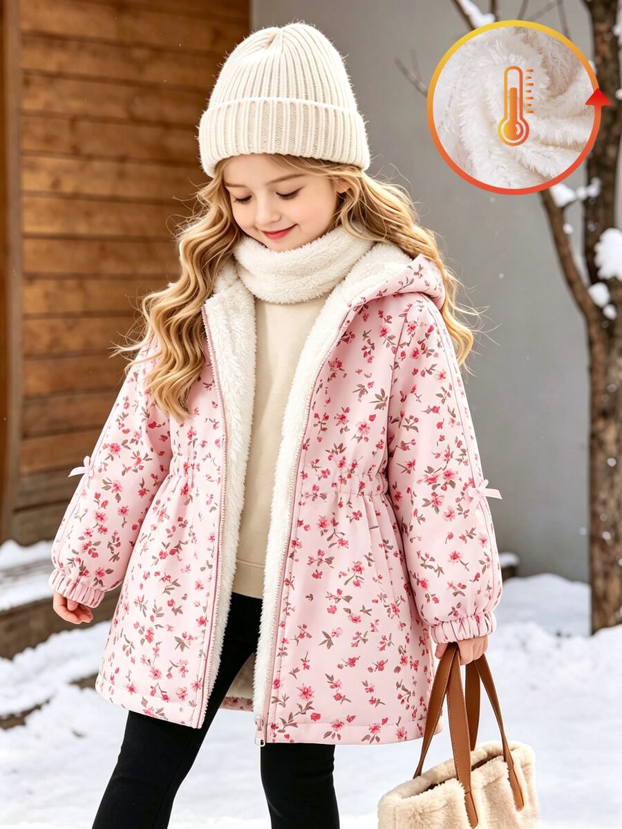 SHEIN Elladie kids 女童保暖內裡加厚連帽夾克 1件 粉色袖子配編織帶與蝴蝶結裝飾 粉色花卉數位印花圖案 梭織布料 拉鍊式 - 粉色 - 查看 1