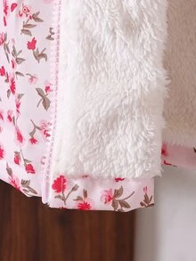 SHEIN Elladie kids 女童保暖內裡加厚連帽夾克 1件 粉色袖子配編織帶與蝴蝶結裝飾 粉色花卉數位印花圖案 梭織布料 拉鍊式 - 粉色 - 查看 8
