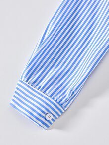 SHEIN Genkimix Kids 青少年女孩卡通印花條紋長袖上衣、吊帶背心與鬆緊腰寬腿褲3件套 - 藍色 - 查看 5