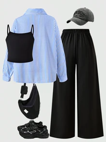 SHEIN Genkimix Kids 青少年女孩卡通印花條紋長袖上衣、吊帶背心與鬆緊腰寬腿褲3件套 - 藍色 - 查看 2