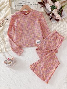 Genkimix Kids Girls Casual Pink Colorful Knit Jacquard Ribbed Slim Fit Mock Neck Long Sleeve T-Shirt With Flare Long Pants 2 Piece Set For Daily Wear In Fall Winter - Multicolor - View 6