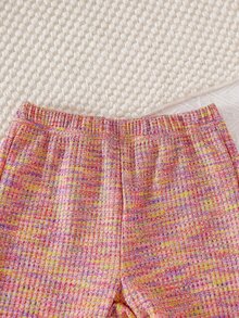 Genkimix Kids Girls Casual Pink Colorful Knit Jacquard Ribbed Slim Fit Mock Neck Long Sleeve T-Shirt With Flare Long Pants 2 Piece Set For Daily Wear In Fall Winter - Multicolor - View 9