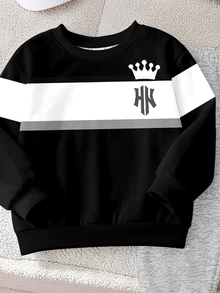 2pcs Kids White Crown NY Letter Print Fleece Crew Neck Sweatshirt Matching Print Sweatpants Set, Colorblock Sports Outdoor Casual Autumn Birthday - Multicolor - View 5
