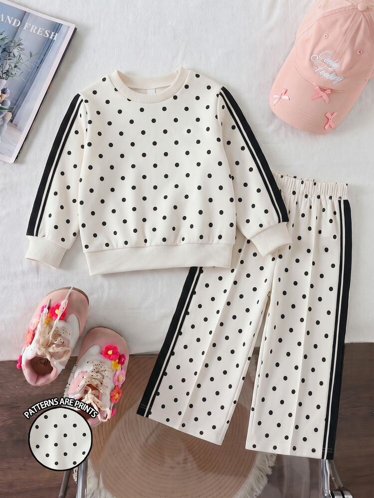 Baby Girl 2 Pieces Set Fashion Casual Contrast Color Striped Polka Dot Print Crew Neck Long Sleeve Sweatshirt And Polka Dot Print Wide Leg Pants Soft Fabric Suitable For Outings Autumn/Winter American Classic Retro Daily Street Style - Multicolor - View 9