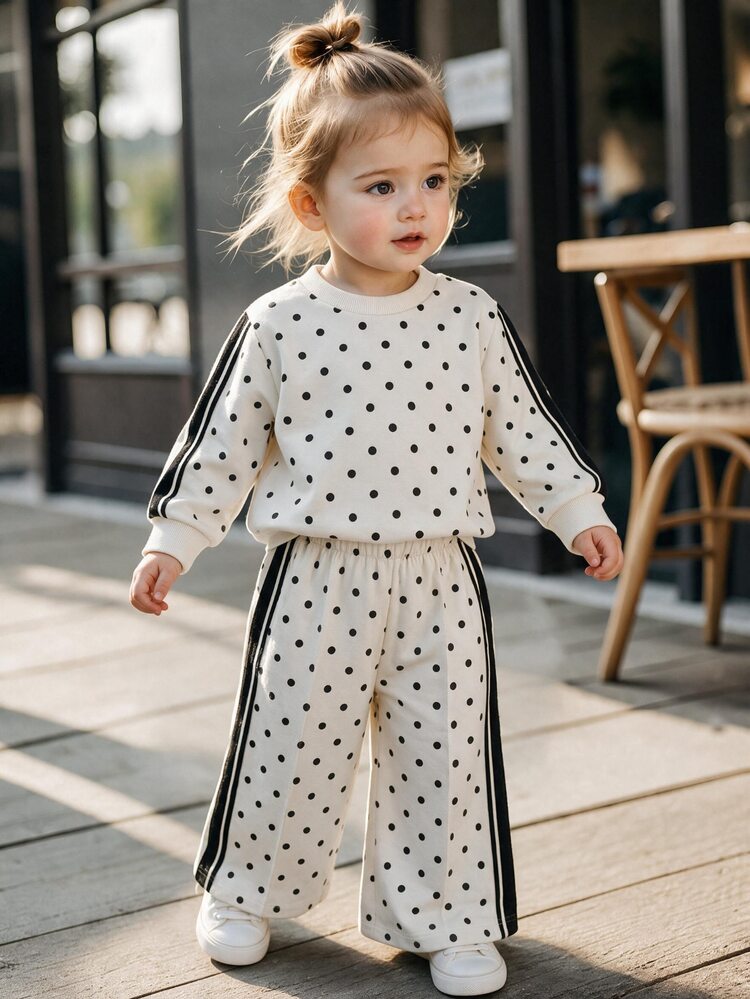 Baby Girl 2 Pieces Set Fashion Casual Contrast Color Striped Polka Dot Print Crew Neck Long Sleeve Sweatshirt And Polka Dot Print Wide Leg Pants Soft Fabric Suitable For Outings Autumn/Winter American Classic Retro Daily Street Style - Multicolor - View 3