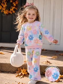 Baby Girls Tie Dye 3D Flower Floral Crewneck Sweatshirt And Flare Pants 2 Pieces Fall Outfit Set - Multicolor - View 3