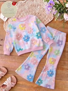Baby Girls Tie Dye 3D Flower Floral Crewneck Sweatshirt And Flare Pants 2 Pieces Fall Outfit Set - Multicolor - View 4