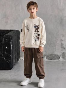 2pcs/Set English Letter Print Pattern Versatile Fashionable Comfortable Boys Apricot Crew Neck Sweatshirt Brown Cargo Jogger Pants Sweatshirt Set Suitable For All Seasons - Multicolor - View 3