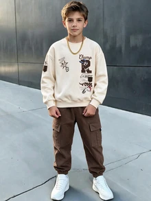 2pcs/Set English Letter Print Pattern Versatile Fashionable Comfortable Boys Apricot Crew Neck Sweatshirt Brown Cargo Jogger Pants Sweatshirt Set Suitable For All Seasons - Multicolor - View 2
