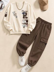 2pcs/Set English Letter Print Pattern Versatile Fashionable Comfortable Boys Apricot Crew Neck Sweatshirt Brown Cargo Jogger Pants Sweatshirt Set Suitable For All Seasons - Multicolor - View 4