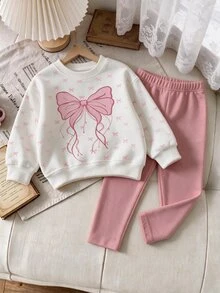 Young Girl Casual Minimalist Cute Sweet Bow Pattern, Colorful Polka Dot, Round Neck Long Sleeve Sweatshirt & Thick Leggings 2 Pieces Set, Suitable For Autumn/Winter, Cozy Fall & Winter Styles, Valentine's Day, Kawaii, Chill, Y2K - Multicolor - View 3