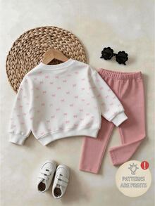 Young Girl Casual Minimalist Cute Sweet Bow Pattern, Colorful Polka Dot, Round Neck Long Sleeve Sweatshirt & Thick Leggings 2 Pieces Set, Suitable For Autumn/Winter, Cozy Fall & Winter Styles, Valentine's Day, Kawaii, Chill, Y2K - Multicolor - View 4