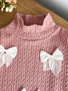 SHEIN Playful Pals 2件組幼女針織上衣喇叭褲套裝，甜美粉色 3D 蝴蝶結網紗喇叭褲，長袖小高領，休閒款，適合生日派對、秋季假期、婚禮賓客穿著，時尚風格 - 粉色 - 查看 9