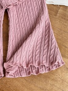 SHEIN Playful Pals 2件組幼女針織上衣喇叭褲套裝，甜美粉色 3D 蝴蝶結網紗喇叭褲，長袖小高領，休閒款，適合生日派對、秋季假期、婚禮賓客穿著，時尚風格 - 粉色 - 查看 7