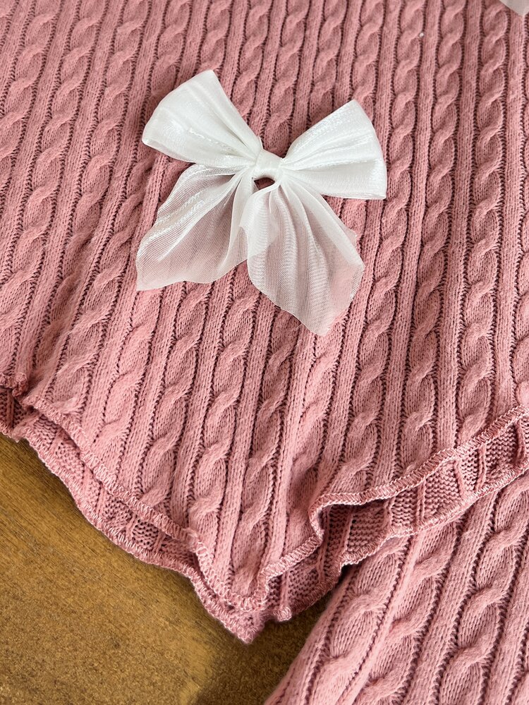 SHEIN Playful Pals 2pcs Toddler Girl Knit Top Flare Pants Sweet Pink 3D Bow Mesh Bell Bottom Long Sleeve Mock Neck Regular Birthday Party Fall Holiday Wedding Guest Chic - Pink - View 8