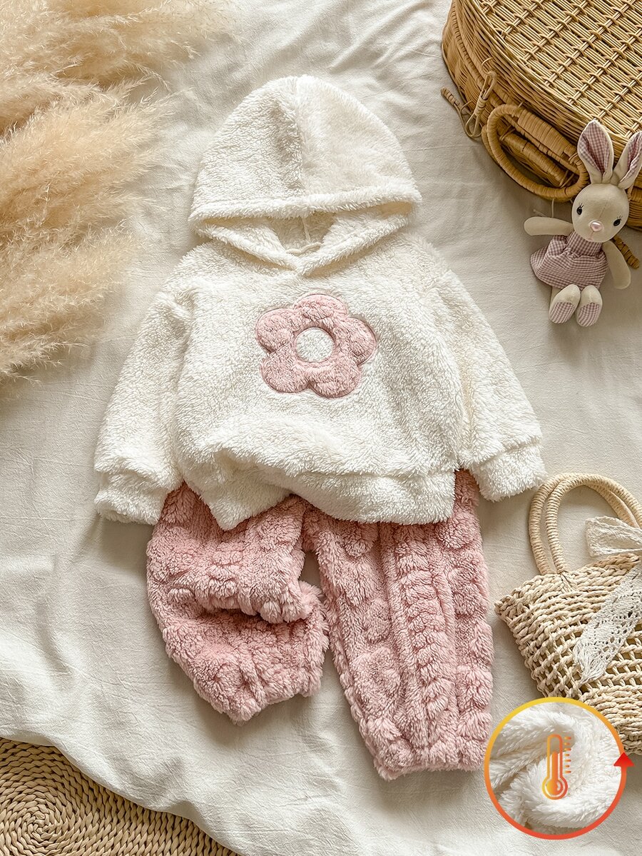 SHEIN 女嬰冬季長袖連帽珊瑚絨花卉刺繡保暖時尚百搭衛衣與休閒珊瑚絨長褲套裝,適合寒冷天氣外出、購物、休閒或旅行 - 粉色 - 查看 1