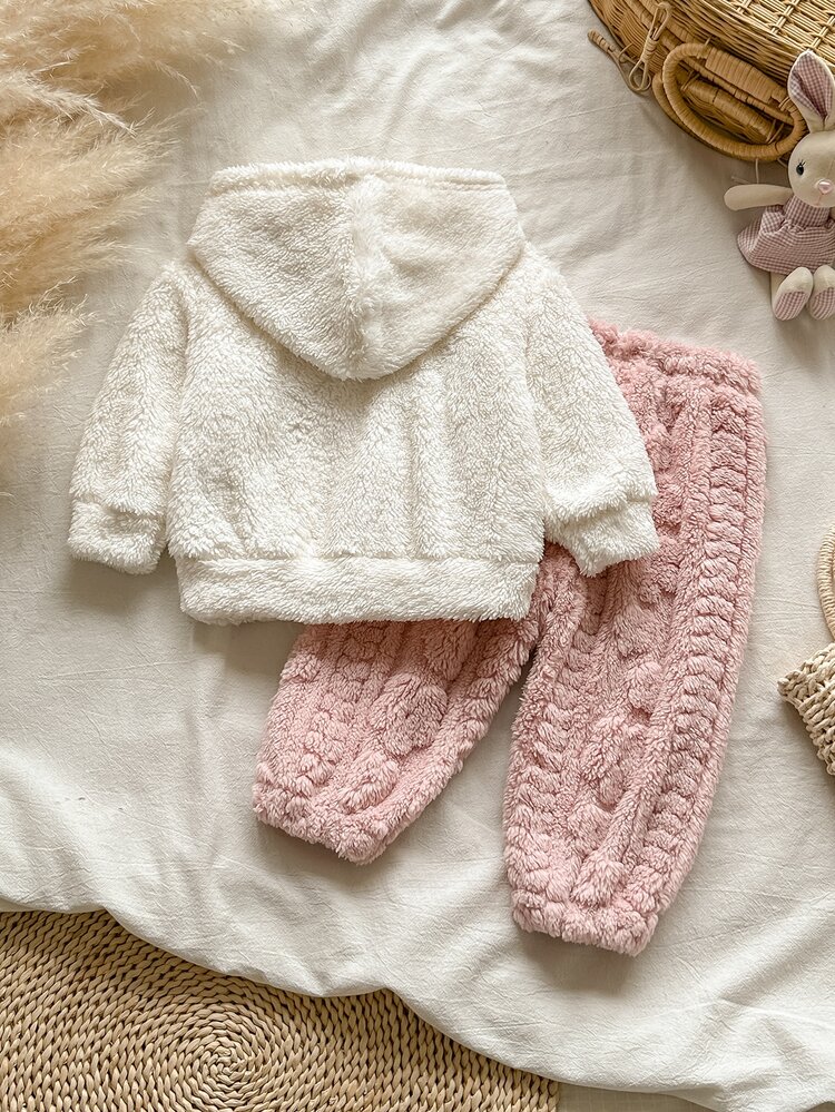 SHEIN Vintaside Kids Babygirl Infant Winter Long Sleeve Hooded Coral Fleece Floral Embroidered Warm Fashion Versatile Sweatshirt And Matching Casual Coral Fleece Pants Set Suitable For Cold Weather Outings, Shopping, Leisure Or Travel - Pink - View 2