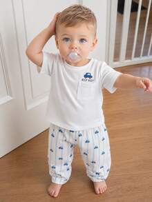 SHEIN Vintaside Kids 2 Pieces Baby Boy Cute Casual Short-Sleeved Top And Plaid Pants Set, Suitable For Summer, And Travel - White - View 5