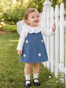 Vintaside Kids Girls Autumn Cute Sweet 2 Pieces Set: White Ribbed Lace Collar Base Layer Top + Daisy Embroidered Patchwork Heart Pocket Washed Denim Overall Dress - Multicolor - View 3