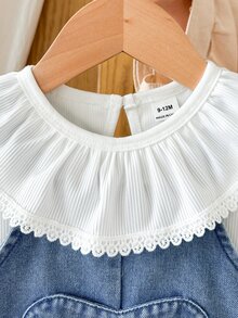 Vintaside Kids Girls Autumn Cute Sweet 2 Pieces Set: White Ribbed Lace Collar Base Layer Top + Daisy Embroidered Patchwork Heart Pocket Washed Denim Overall Dress - Multicolor - View 7