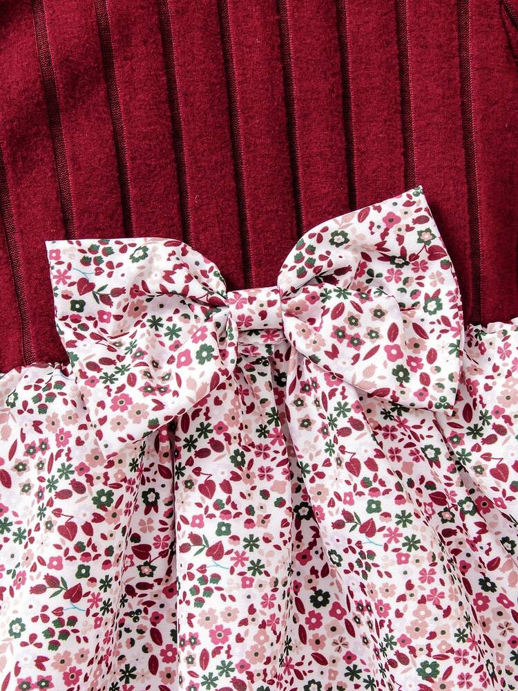 SHEIN Baby Girl Long Sleeve Knit Spliced Floral Dress, Round Neck Big Bow Decor Princess Dress For 0-3Y Baby Girl Dress, Infant Floral Dress, Baby Dress - Burgundy - View 5