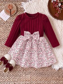 SHEIN Baby Girl Long Sleeve Knit Spliced Floral Dress, Round Neck Big Bow Decor Princess Dress For 0-3Y Baby Girl Dress, Infant Floral Dress, Baby Dress - Burgundy - View 3
