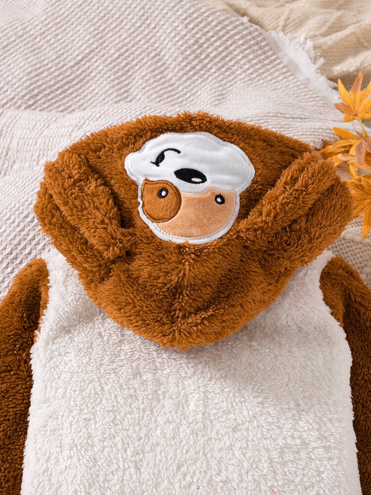 SHEIN Vintaside Kids 1pc Baby Boy Toddler Boy Hooded Romper Jumpsuit Cute Sweet Brown White Dog Ear Patchwork Fuzzy Plush Long Sleeve Hooded Thick Holiday Winter Fall - Brown - View 11