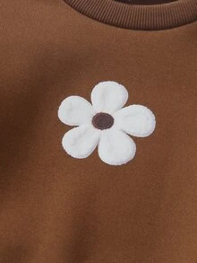 SHEIN 女童抓絨內裡花卉刺繡衛衣與漸層藍色水洗寬腿牛仔褲2件套，甜美休閒秋冬穿搭 - 棕色 - 查看 10