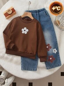 SHEIN 女童抓絨內裡花卉刺繡衛衣與漸層藍色水洗寬腿牛仔褲2件套，甜美休閒秋冬穿搭 - 棕色 - 查看 9