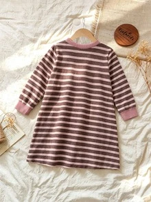 Elladie kids 女童秋冬條紋長袖針織洋裝，圓領寬鬆休閒仙女牛仔風直筒版型，棕色與粉色，柔軟面料，生日校園穿搭 - 棕色 - 查看 2