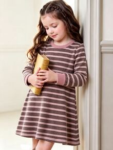 Elladie kids 女童秋冬條紋長袖針織洋裝，圓領寬鬆休閒仙女牛仔風直筒版型，棕色與粉色，柔軟面料，生日校園穿搭 - 棕色 - 查看 6