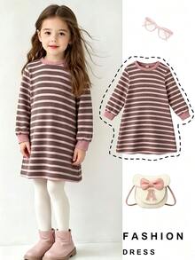 Elladie kids 女童秋冬條紋長袖針織洋裝，圓領寬鬆休閒仙女牛仔風直筒版型，棕色與粉色，柔軟面料，生日校園穿搭 - 棕色 - 查看 5