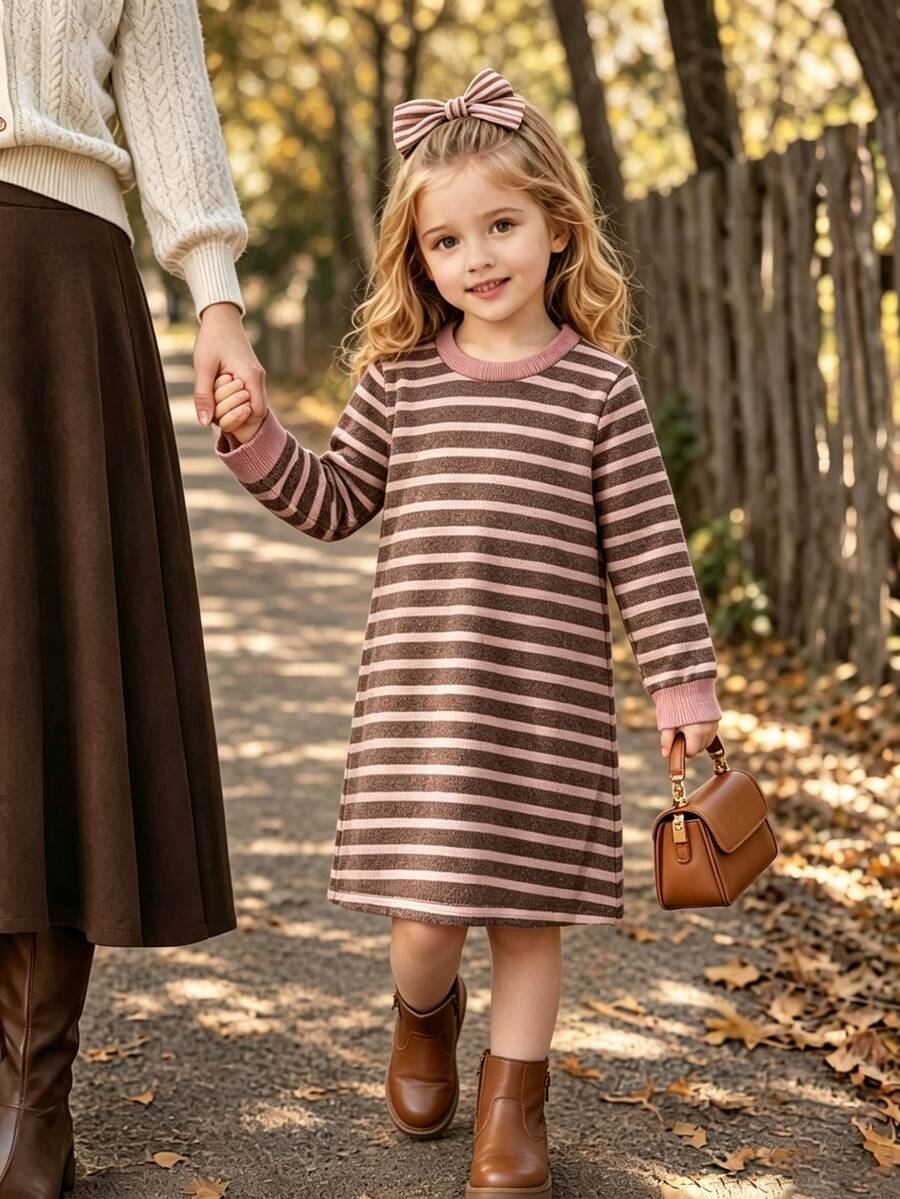 Elladie kids 女童秋冬條紋長袖針織洋裝,圓領寬鬆休閒仙女牛仔風直筒版型,棕色與粉色,柔軟面料,生日校園穿搭 - 棕色 - 查看 1