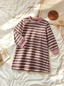 Elladie kids 女童秋冬條紋長袖針織洋裝，圓領寬鬆休閒仙女牛仔風直筒版型，棕色與粉色，柔軟面料，生日校園穿搭 - 棕色 - 查看 8
