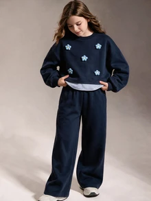 Tween Girls Patchwork Navy Blue Layered Hoodie Sweatshirt Co-Ords, 3D Flower Decoration Front Fabric, Cute Cool Girl School Student Autumn - Navy Blue - View 3