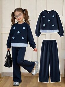 Tween Girls Patchwork Navy Blue Layered Hoodie Sweatshirt Co-Ords, 3D Flower Decoration Front Fabric, Cute Cool Girl School Student Autumn - Navy Blue - View 5