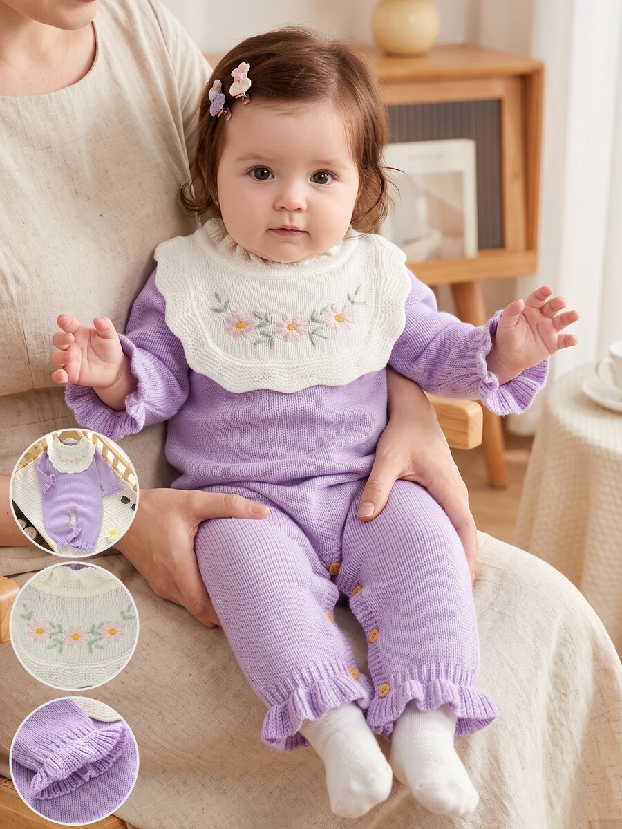 SHEIN Infant Lavender Lotus Collar Embroidered Knitted Romper, Wavy Ruffle Collar With Daisy Floral Embroidery, Pleated Bell Long Sleeve And Pants Leg, Fresh Gentle Pastoral Style Baby Girl Knitted Romper, Suitable For Family Gatherings, Travel, Vacation And Daily Wear - Purple - View 1