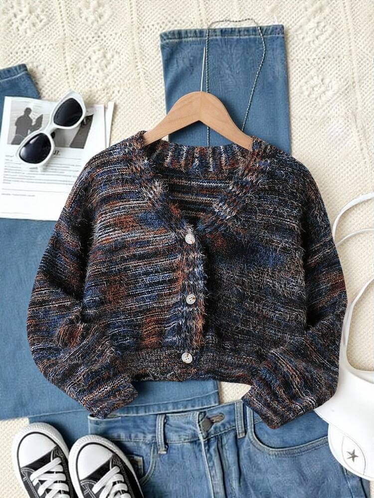 SHEIN Tween Girls Gradient Colorful Feather Yarn Short Cardigan, 3-Button Front, Long Sleeve, Dropped Shoulder, Knit Sweater, Soft And Comfortable, Suitable For Daily Wear, Outings, Travel, Vacation, Daycare, And Play - Multicolor - View 1