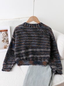 SHEIN Tween Girls Gradient Colorful Feather Yarn Short Cardigan, 3-Button Front, Long Sleeve, Dropped Shoulder, Knit Sweater, Soft And Comfortable, Suitable For Daily Wear, Outings, Travel, Vacation, Daycare, And Play - Multicolor - View 2