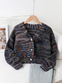SHEIN Tween Girls Gradient Colorful Feather Yarn Short Cardigan, 3-Button Front, Long Sleeve, Dropped Shoulder, Knit Sweater, Soft And Comfortable, Suitable For Daily Wear, Outings, Travel, Vacation, Daycare, And Play - Multicolor - View 9
