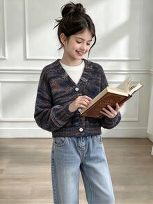 SHEIN Tween Girls Gradient Colorful Feather Yarn Short Cardigan, 3-Button Front, Long Sleeve, Dropped Shoulder, Knit Sweater, Soft And Comfortable, Suitable For Daily Wear, Outings, Travel, Vacation, Daycare, And Play - Multicolor - View 3
