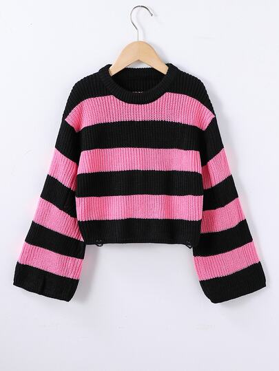 Dziewczęcy luźny dzianinowy sweter Y2K w kolorowe bloki i paski, z okrągłym dekoltem, jesienno-zimowy pullover