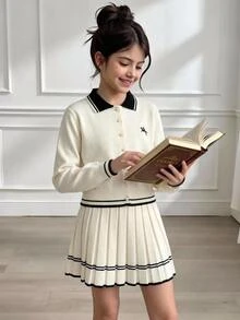 SHEIN Girls' Autumn/Winter Fashion Heart & Bow Knitted Sweater Long Sleeve Cardigan With Black Skirt Set Pullover - Black and White - View 3