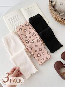 SHEIN Playful Pals 3pcs/Set Baby Girl French Style Fall Clothes Funny Cute Minimalist Casual Leggings, Black Solid Color, Pink And Brown Off-White, Heart Pattern, Autumn - Multicolor - View 3