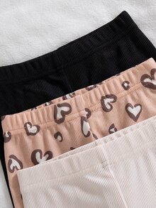 SHEIN Playful Pals 3pcs/Set Baby Girl French Style Fall Clothes Funny Cute Minimalist Casual Leggings, Black Solid Color, Pink And Brown Off-White, Heart Pattern, Autumn - Multicolor - View 5