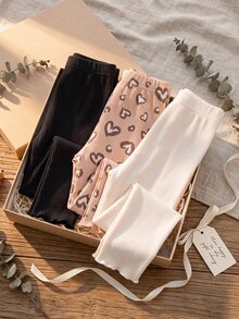 SHEIN Playful Pals 3pcs/Set Baby Girl French Style Fall Clothes Funny Cute Minimalist Casual Leggings, Black Solid Color, Pink And Brown Off-White, Heart Pattern, Autumn - Multicolor - View 6